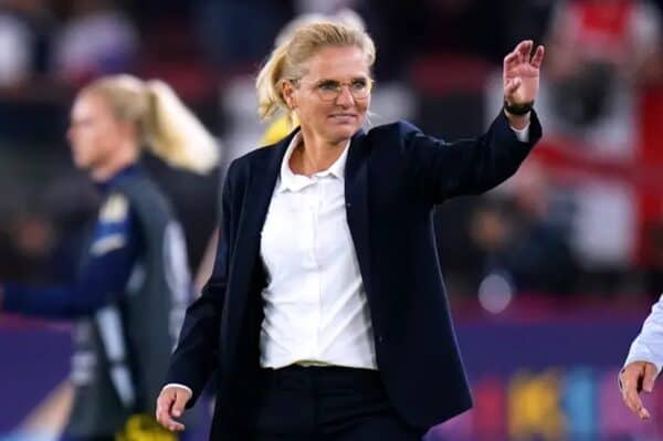 England head coach Sarina Wiegman waves to the fans at the end of the UEFA Women's Euro 2022 semi-final match at Bramall Lane, Sheffield. Picture date: Tuesday July 26, 2022.  Danny Lawson/PA Wire/PA Images