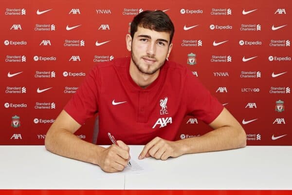 Liverpool FC player Harvey Davies signs his contract at the Axa Training Centre, 02/07/21. Photo: Nick Taylor/LFC