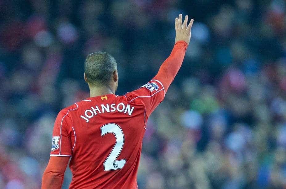 LIVERPOOL, ENGLAND - Saturday, November 29, 2014: Liverpool's match-winning goal scorer Glen Johnson celebrates after the 1-0 victory over Stoke City during the Premier League match at Anfield. (Pic by David Rawcliffe/Propaganda)