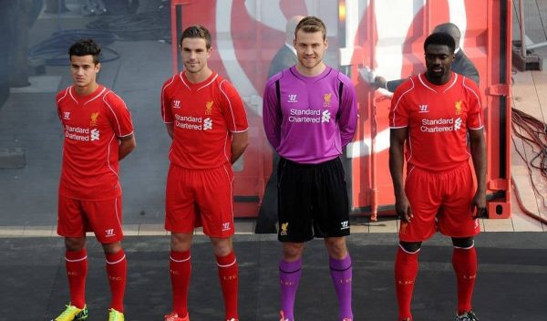 Liverpool present the new home kit for next season at Liverpool One on April 10, 2014 in Liverpool, England.