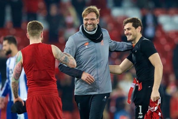 LIVERPOOL, ENGLAND - Monday, March 5, 2018: Liverpool's manager J¸rgen Klopp with Alberto Moreno FC Portoís goalkeeper Iker Casillas after the UEFA Champions League Round of 16 2nd leg match between Liverpool FC and FC Porto at Anfield. (Pic by Paul Greenwood/Propaganda)