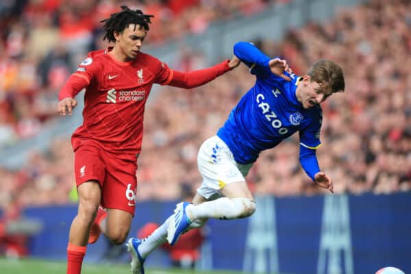 LIVERPOOL, ENGLAND - Sunday, April 24, 2022: Liverpool's Trent Alexander Arnold tackles Everton’s Anthony Gordon during the FA Premier League match between Liverpool FC and Everton FC, the 240th Merseyside Derby, at Anfield. (Pic by Lindsey Parneby/Propaganda)