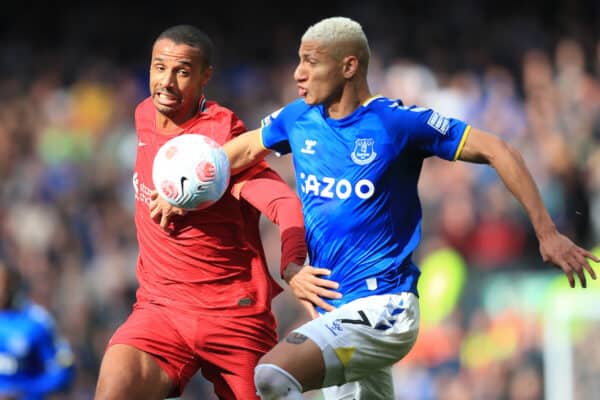 LIVERPOOL, ENGLAND - Sunday, April 24, 2022: Liverpool's Joel Matip (L) challenges Everton’s Richarlison during the FA Premier League match between Liverpool FC and Everton FC, the 240th Merseyside Derby, at Anfield. (Pic by Lindsey Parneby/Propaganda)