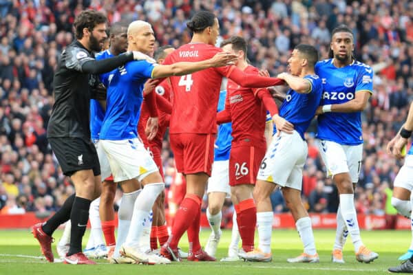 LIVERPOOL, ENGLAND - Sunday, April 24, 2022: Liverpool and Everton players scuffle after a heavy challenge on Everton’s Richarlison during the FA Premier League match between Liverpool FC and Everton FC, the 240th Merseyside Derby, at Anfield. (Pic by Lindsey Parneby/Propaganda)