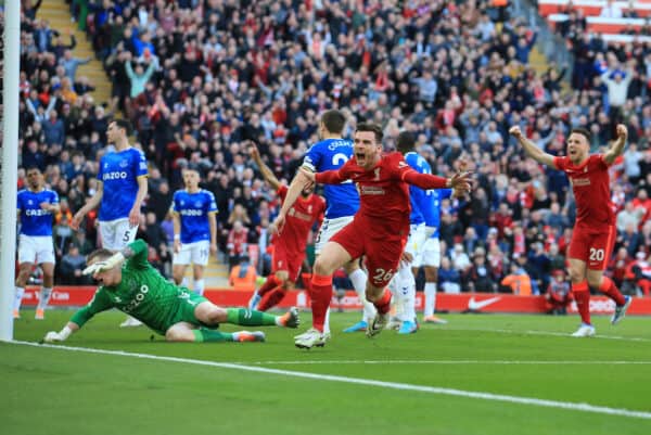 LIVERPOOL, ENGLAND - Sunday, April 24, 2022: Liverpool’s Andy Robertson celebrates scoring the opening goal against Everton during the FA Premier League match between Liverpool FC and Everton FC, the 240th Merseyside Derby, at Anfield. (Pic by Lindsey Parneby/Propaganda)