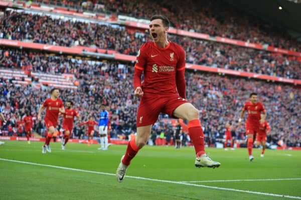 LIVERPOOL, ENGLAND - Sunday, April 24, 2022: Liverpool’s Andy Robertson celebrates scoring the opening goal against Everton during the FA Premier League match between Liverpool FC and Everton FC, the 240th Merseyside Derby, at Anfield. (Pic by Lindsey Parneby/Propaganda)