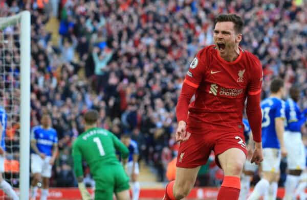 LIVERPOOL, ENGLAND - Sunday, April 24, 2022: Liverpool’s Andy Robertson celebrates scoring the opening goal against Everton during the FA Premier League match between Liverpool FC and Everton FC, the 240th Merseyside Derby, at Anfield. (Pic by Lindsey Parneby/Propaganda)