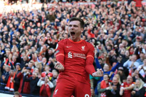 LIVERPOOL, ENGLAND - Sunday, April 24, 2022: Liverpool’s Andy Robertson celebrates scoring the opening goal against Everton during the FA Premier League match between Liverpool FC and Everton FC, the 240th Merseyside Derby, at Anfield. (Pic by Lindsey Parneby/Propaganda)