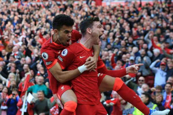 LIVERPOOL, ENGLAND - Sunday, April 24, 2022: Liverpool’s Andy Robertson celebrates scoring the opening goal against Everton during the FA Premier League match between Liverpool FC and Everton FC, the 240th Merseyside Derby, at Anfield. (Pic by Lindsey Parneby/Propaganda)