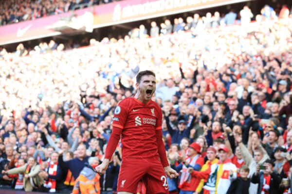 LIVERPOOL, ENGLAND - Sunday, April 24, 2022: Liverpool’s Andy Robertson celebrates scoring the opening goal against Everton during the FA Premier League match between Liverpool FC and Everton FC, the 240th Merseyside Derby, at Anfield. (Pic by Lindsey Parneby/Propaganda)