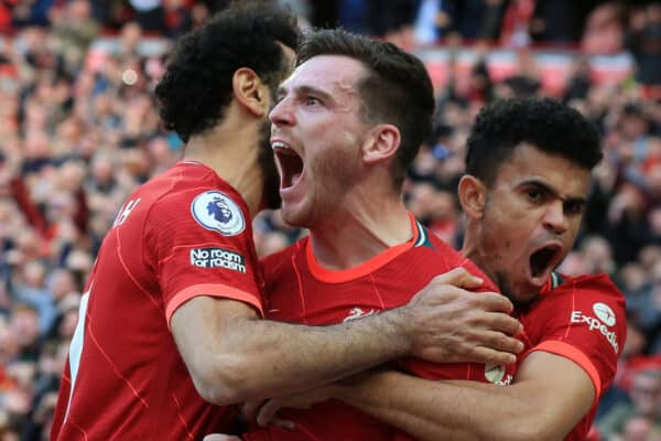 LIVERPOOL, ENGLAND - Sunday, April 24, 2022: Liverpool’s Andy Robertson celebrates scoring the opening goal against Everton during the FA Premier League match between Liverpool FC and Everton FC, the 240th Merseyside Derby, at Anfield. (Pic by Lindsey Parneby/Propaganda)