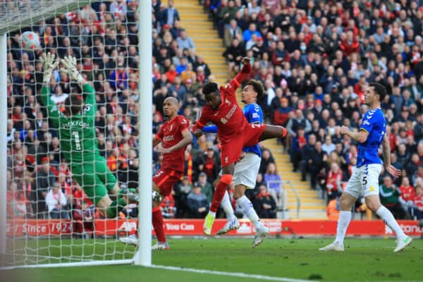 LIVERPOOL, ENGLAND - Sunday, April 24, 2022: Liverpool’s Divock Origi scores their second goal against Everton during the FA Premier League match between Liverpool FC and Everton FC, the 240th Merseyside Derby, at Anfield. (Pic by Lindsey Parneby/Propaganda)