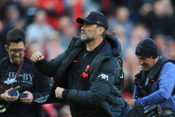 LIVERPOOL, ENGLAND - Sunday, April 24, 2022: Liverpool’s manager Jurgen Klopp celebrates after their 2-0 win over Everton in the FA Premier League match between Liverpool FC and Everton FC, the 240th Merseyside Derby, at Anfield. (Pic by Lindsey Parneby/Propaganda)