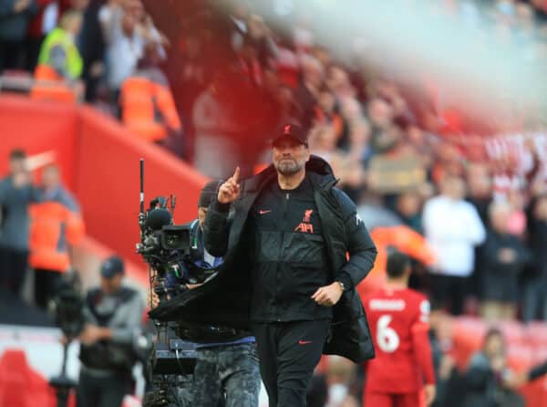 LIVERPOOL, ENGLAND - Sunday, April 24, 2022: Liverpool’s manager Jurgen Klopp celebrates after their 2-0 win over Everton in the FA Premier League match between Liverpool FC and Everton FC, the 240th Merseyside Derby, at Anfield. (Pic by Lindsey Parneby/Propaganda)