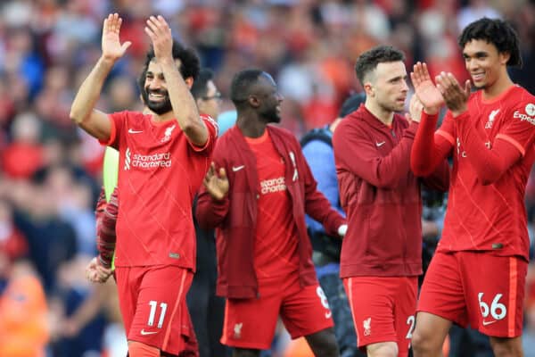 LIVERPOOL, ENGLAND - Sunday, April 24, 2022: Liverpool’s Mohammad Salah (L) and team mates clap to fans after their 2-0 win over Everton in the FA Premier League match between Liverpool FC and Everton FC, the 240th Merseyside Derby, at Anfield. (Pic by Lindsey Parneby/Propaganda)