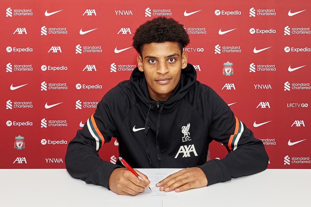 Liverpool FC player Melkamu Frauendorf signs his contract at the Axa Training Centre, 07/07/21.. Photo: Nick Taylor/LFC