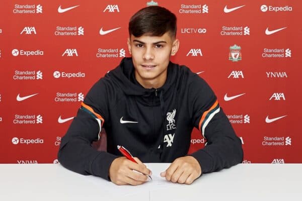 Liverpool FC player Oakley Cannonier signs his contract at the Axa Training Centre, 02/07/21. Photo: Nick Taylor/LFC