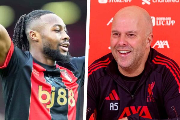 Liverpool head coach Arne Slot at a press conference answering questions about signing Antoine Semenyo.