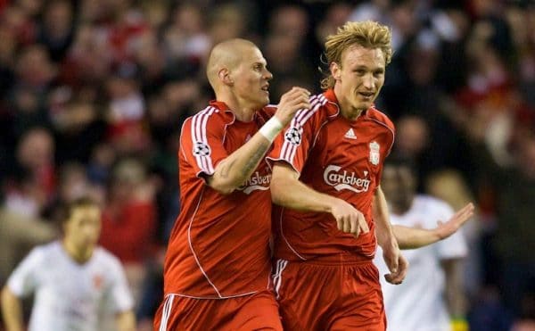 LIVERPOOL, ENGLAND - Tuesday, April 8, 2008: Liverpool's Sami Hyypia celebrates scoring the equaliser with team-mate Martin Skrtel against Arsenal during the UEFA Champions League Quarter-Final 2nd Leg match at Anfield. (Photo by David Rawcliffe/Propaganda)