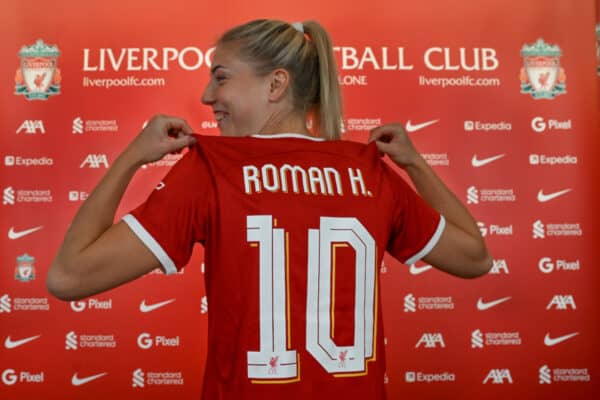 KIRKBY, ENGLAND - SEPTEMBER 05: (THE SUN OUT.THE SUN ON SUNDAY OUT) Liverpool Women Unveil New Signing Sophie Roman Haug at AXA Training Centre on September 05, 2023 in Kirkby, England. (Photo by John Powell/Liverpool FC via Getty Images)