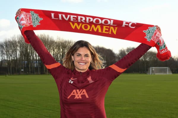 WALLASEY, ENGLAND - JANUARY 05: (THE SUN OUT. THE SUN ON SUNDAY OUT) Liverpool Women's Unveil New Signing Katie Stengel at Solar Campus on January 05, 2022 in Wallasey, England. (Photo by John Powell/Liverpool FC via Getty Images)