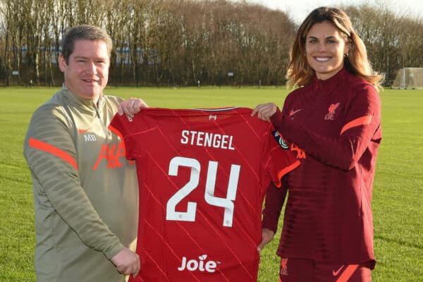 WALLASEY, ENGLAND - JANUARY 05: (THE SUN OUT. THE SUN ON SUNDAY OUT) Liverpool Women's Unveil New Signing Katie Stengel at Solar Campus on January 05, 2022 in Wallasey, England. (Photo by John Powell/Liverpool FC via Getty Images)