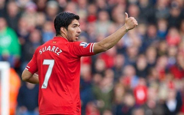 LIVERPOOL, ENGLAND - Saturday, October 26, 2013: Liverpool's Luis Suarez celebrates scoring the second goal against West Bromwich Albion during the Premiership match at Anfield. (Pic by David Rawcliffe/Propaganda)