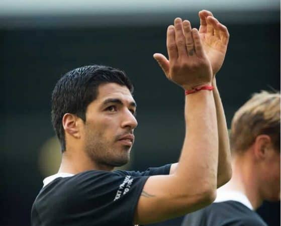 LIVERPOOL, ENGLAND - Sunday, March 29, 2015: Luis Suarez of Liverpool salutes the fans at the end of the Liverpool All Star Charity match at Anfield. (Pic by Richard Martin-Roberts/Propaganda)